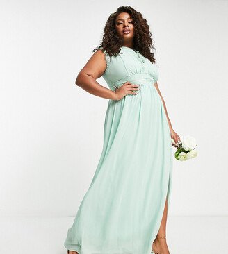 TFNC Plus Bridesmaids chiffon maxi dress with lace detail in sage