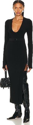 Long Sleeve Deep U Neck Side Slit Gown in Black