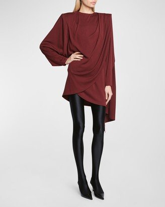 Draped Strong-Shoulder Long-Sleeve Mini Dress