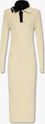 Ribbed Dress With Decorative High Neck