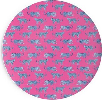 Salad Plates: Tiny Leopard Parade - Blue On Hot Pink Salad Plate, Pink