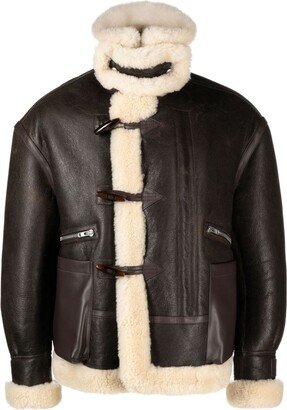 Shearling-Trim Toggle-Fastening Leather Jacket