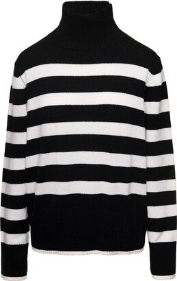 Black And White Mock Neck Striped Sweater In Wool And Cashmere Woman