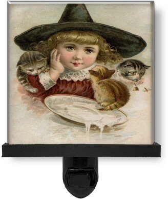 Halloween Witch Victorian Child Cats Vintage Style Glass Photo Night Light, Decorative Lights