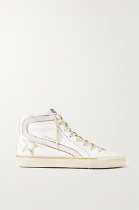 Slide Distressed Suede And Metallic-trimmed Leather High-top Sneakers - White