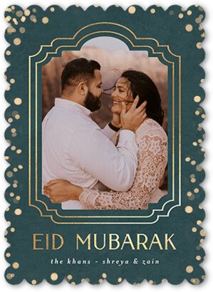 Eid Cards: Embellished Frame Eid Card, Blue, 5X7, Matte, Signature Smooth Cardstock, Scallop