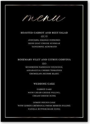 Wedding Menu Cards: Elegantly Engaged Wedding Menu, Black, 5X7 Flat Menu, Pearl Shimmer Cardstock, Square