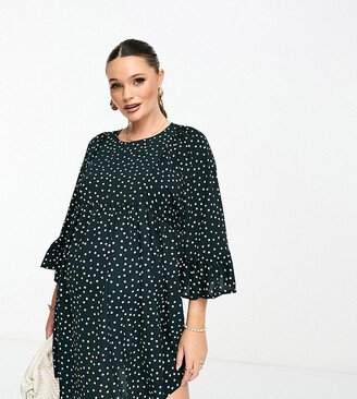 ASOS DESIGN Maternity batwing sleeve smock mini dress in bottle green spot