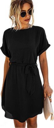 OAKITA Women's Dresses Solid Self Tie Tunic Dress Dress for Women (Color : Black