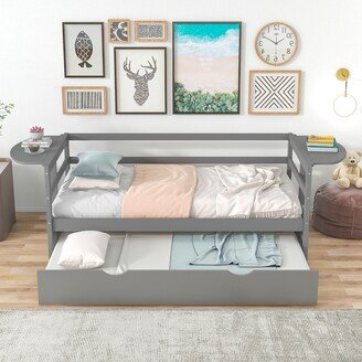 IGEMAN Gray Twin Size Daybed with Trundle and Foldable Shelves on Both Sides