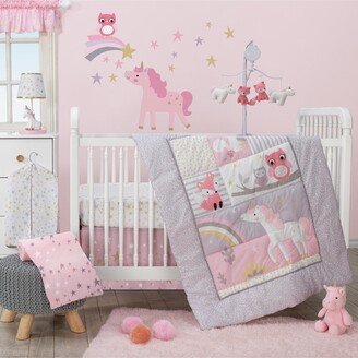 Rainbow Unicorn with Fox, Squirrel and Owls Pink/Purple 3-Piece Baby Nursery Crib Bedding Set