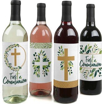 Big Dot Of Happiness First Communion Elegant Cross - Religious Decor Wine Bottle Label Stickers 4 Ct