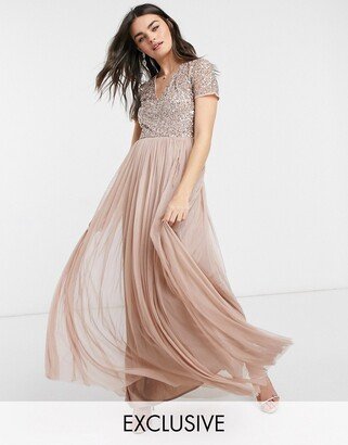 Bridesmaid short sleeve maxi tulle dress with tonal delicate sequins in muted blush