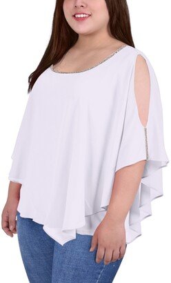 Plus Size Chiffon Poncho with Sparkle Accents - Ivory, Gold