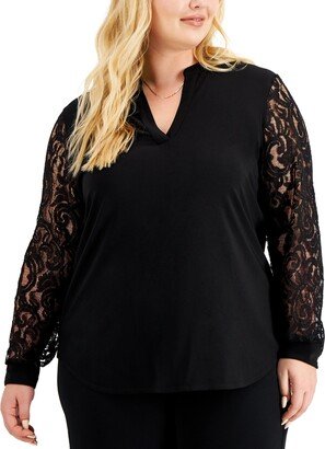 Plus Size Lace-Sleeve Split-Neck Top