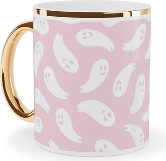 Mugs: Happy Ghosts - Pink Ceramic Mug, Gold Handle, 11Oz, Pink