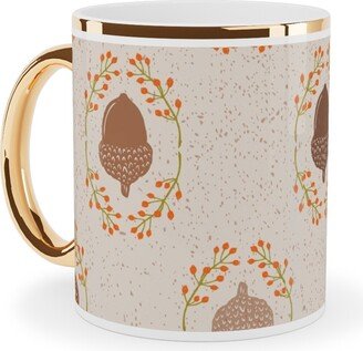 Mugs: Autumn Acorn Rosehip Textured Damask Ceramic Mug, Gold Handle, 11Oz, Beige