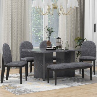 EDWINRAY 6-Pcs Rubber Wood Dining Table Set with 4 Upholstered Chairs & 1 Bench, Gray