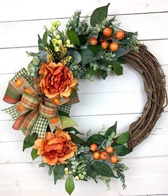 Fall Front Door Wreath, Orange Peony Pumpkin Wreath, Farmhouse Greenery Everyday Autumn Harvest