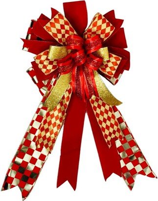 Tree Topper Christmas Bow, Traditional Elegant Red & Gold Checker Harlequin Bow With Long Ribbon Tails, Wide Top