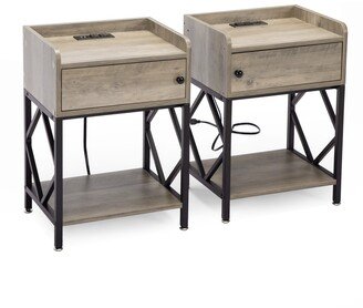 Aoolive Set of 2 Wood Nightstand, Farmhouse End Table with Charging Station, USB Ports