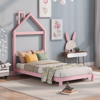 EDWINRAY Wood Platform Bed with House-Shaped Headboard & Chimney for Kids, Girls Boys, Dorm, Bedroom, Guest Room, No Box Spring Needed