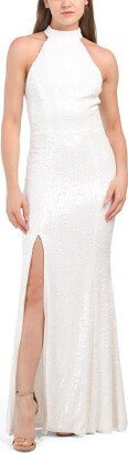 TJMAXX Samara Sleeveless Halter Sequin Bridal Gown With Front Slit For Women