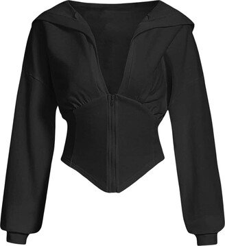 Verdusa Women's Zip Up Long Sleeve Asymmetrical Crop Hoodie Sweatshirt Top Black S