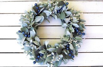 Winter Lambs Ear Wreath With Blue & Cream Berries, Christmas Wreath, Holiday Modern Farmhouse Berry Housewarming