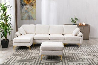 Calnod Living Room Sectional Sofa, L-Shaped Upholstered Couch with Movable Ottoman, Convertible Modular Sofa with Gold Metal Legs-AI