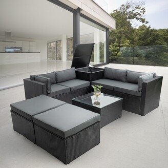 RASOO 6-Piece Outdoor Rattan Wicker Furniture Set with Storage Box