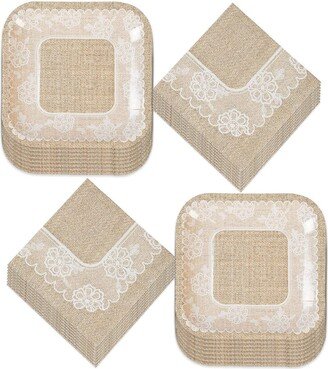 Wedding Party & Bridal Shower Rustic Burlap Lace Paper Dessert Plates Beverage Napkins | Serves 16