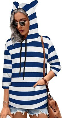 MENRIAOV Retro Style Horizontal Bule And White Line Womens Cute Hoodies with Cat Ears Sweatshirt Pullover with Pockets Shirt Top S