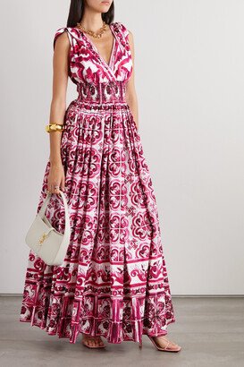 Pleated Printed Cotton-poplin Gown - Pink