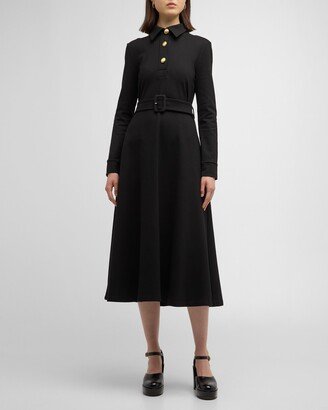 Belted Long-Sleeve Midi Polo Shirtdress