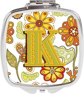CJ2003-KSCM Letter K Floral Mustard & Green Compact Mirror