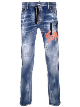 Graffiti-Print Distressed Jeans