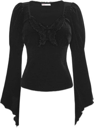 STEFIK Women's Tops Women's Shirts Butterfly Patched Flounce Sleeve Tee Women's Tops Shirts for Women (Color : Black