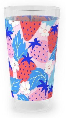 Outdoor Pint Glasses: Papercut Strawberries - Blue And Pink Outdoor Pint Glass, Multicolor