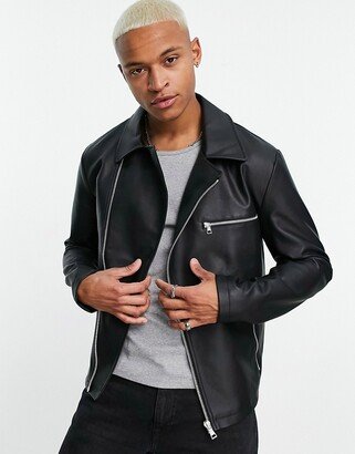 faux leather biker jacket in black-AA