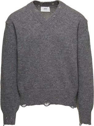 Distressed-Effect V-Neck Knitted Jumper-AB