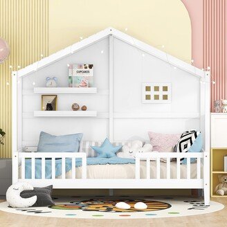 EDWINRAY Twin House Bed with Shelves for Kids Girls Boys, Solid Wood Platform Bed Frame with Window & Sparkling Light Strip on the Roof