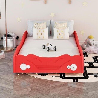 EDWINRAY Solid Wood Twin Size Car Bed with Wheels for Kids Bedroom, Red