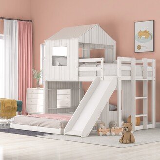 GEROJO Solid Pine Twin over Full Bunk Bed with Farmhouse, Ladder, Slide, Playhouse Design