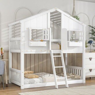 Tiramisubest Twin over Twin Wood House Roof Bunk Bed with Window Box, Door