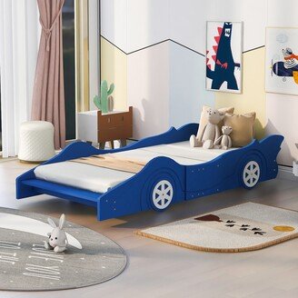 GEROJO Blue Race Car Twin Size Platform Bed with Safety Rails, High-Quality Pine Wood, and Sturdy Slats for Kidse