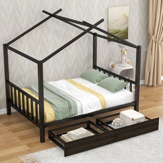 EYIW Full Size Metal Platform Bed with 2 Drawers, Headboard and Footboard, Kid's Bed with Metal Slats and Roof Design Frame