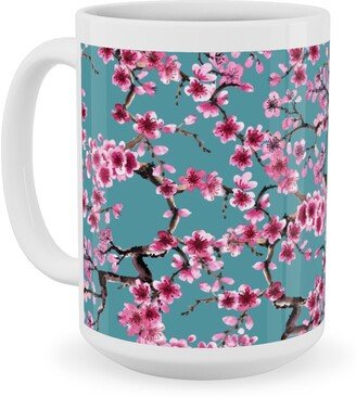 Mugs: Sakura - Turquoise Ceramic Mug, White, 15Oz, Blue