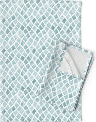 Mint Geometric Tea Towels | Set Of 2 - Warped Diamonds Watercolor By Ekpdesign Painted Small Scale Linen Cotton Spoonflower