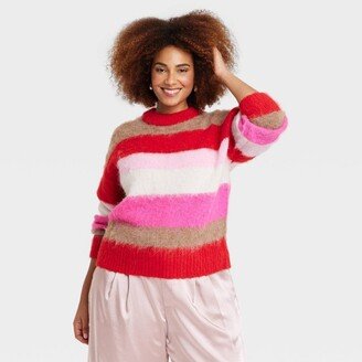 Women' Crewneck Bruhed Pullover Sweater Red/White/Brown Striped 1X